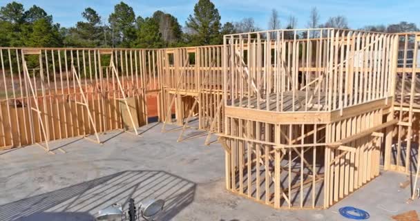 New Home Constructed Wooden Beam Stick Frames Made Trusses Beams — Stock Video