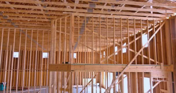 Beams Framing Wooden Trusses Framework Built New House — Stock Video