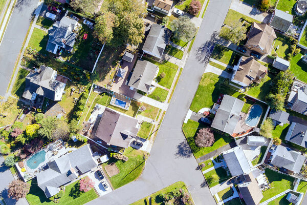 From heights of small American town in New Jersey, view of town