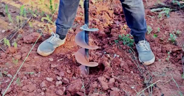 Dengan Mesin Pengeboran Bensin Pekerja Menggali Tanah Untuk Mempersiapkan Pemasangan — Stok Video