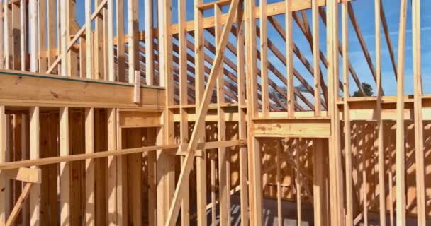 Construction New Home Wooden Beam Stick Frames Were Constructed Trusses — Stock Video