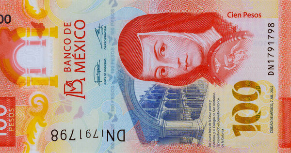 New Mexican money bills currency Mexico 100 pesos banknote close up