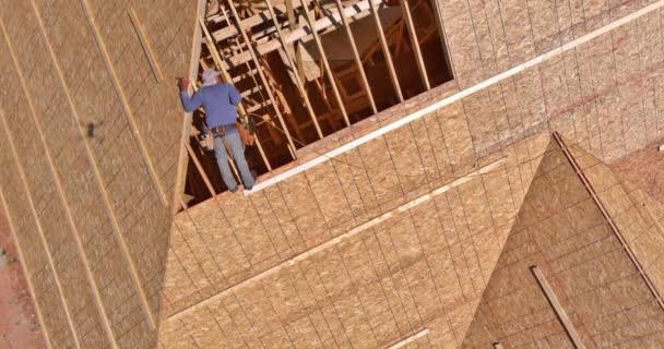 Carpintaria Equipe Construção Martelos Pregos Madeira Compensada Topo Telhado Futura — Vídeo de Stock