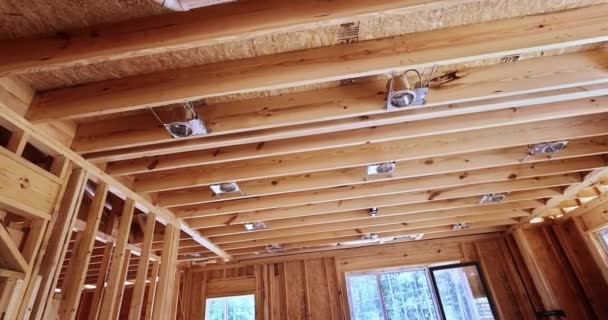 New Unfinished Residential Home Construction Framing Wood Support Beam — Stock Video