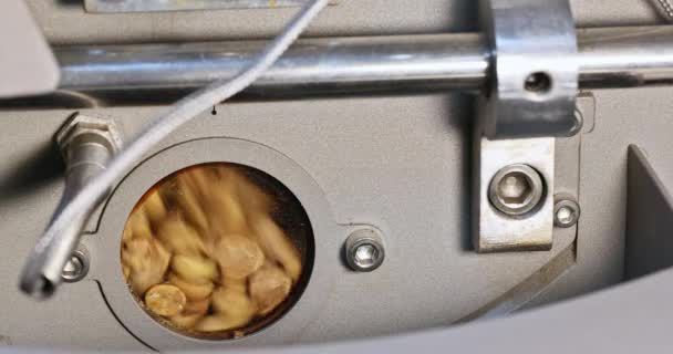 Observeer Ruwe Koffiebonen Controle Venster Van Koffie Roosteren Oven — Stockvideo