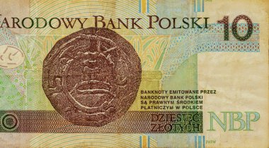 Polonya 'nın ulusal para birimi. Narodowy Bank Polski' nin dikiz aynasından on zloti.