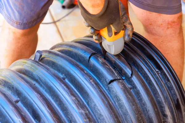 stock image Drilling hole in black plastic polypropylene sanitary pipe in order to connect it to another pipe