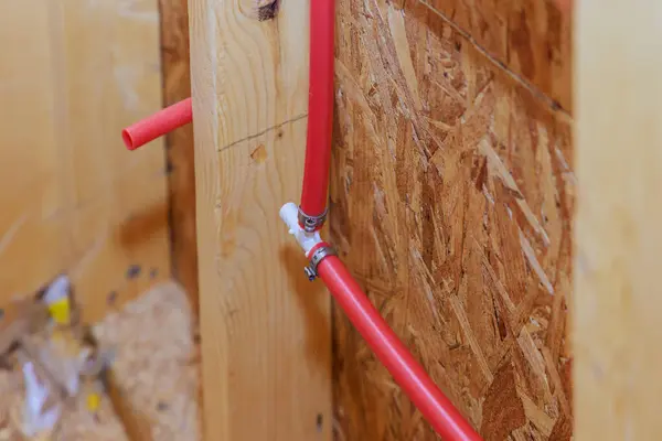 stock image PVC plastic water lines are installed connected to house wall