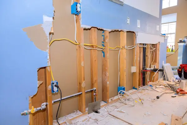 stock image Plasterboard in kitchen of house is being replaced as part of repair project