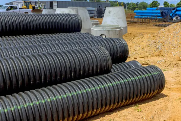 stock image Providing flow of rainwater to main collection system by installing plastic black pipes