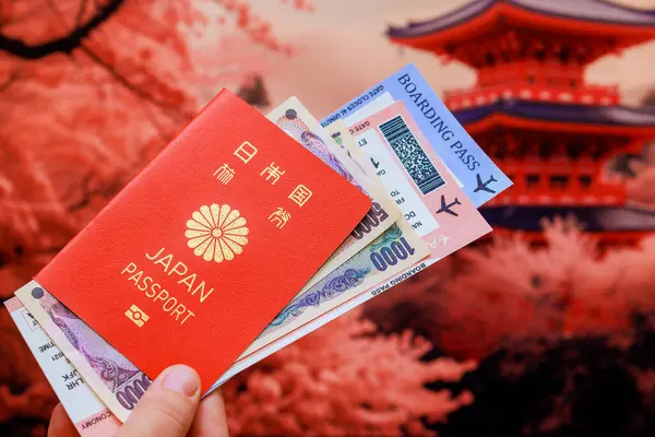 Japon eski ev arka planında, turistler Japon yenine, Japon pasaportuna, biletlere sahipler.