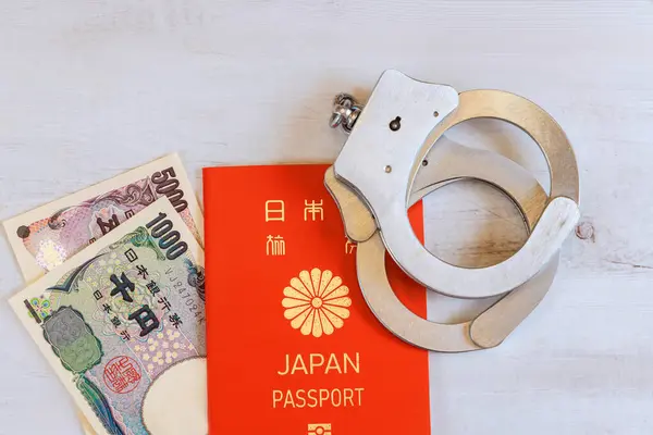 stock image Japanese passport, Japanese currency yen, with corruption, dirty money or financial crimes, handcuffs