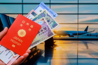 There are Japanese yen banknotes, Japanese passport, tickets for flight in passenger possession at airport terminal clipart