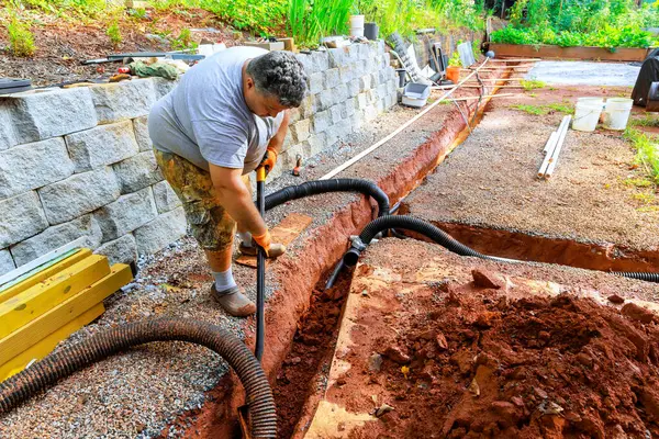 stock image In construction process, drainage pipes are installed underground for outflow of rainwater stormwater