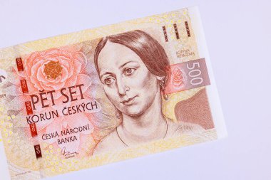 Banknotes with denomination of 500 korunas issued by Ceska Narodni Banka in Czech Republic front view