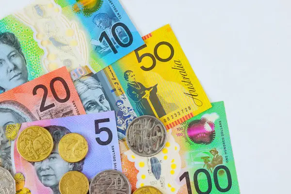 stock image AUD Australian dollars are issued as banknotes, coins by Australian National Bank