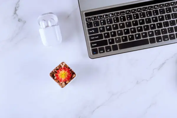 stock image Headphones, keyboard, are found on modern office tables for work