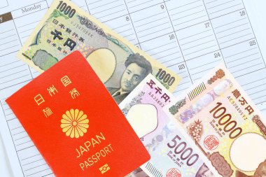 Nippon Ginko Bank of Japan issues Japanese passport, Japanese yen money banknotes clipart