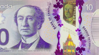 Canadian polymer banknotes in denomination ten dollars issued by Bank of Canada front view clipart