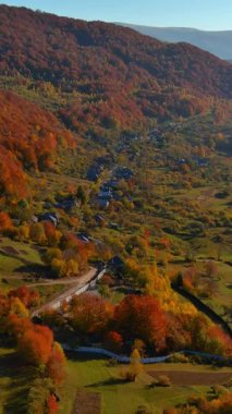 Sonbaharda huzurlu kırsal bölgede güneş parlarken tepeleri renkli sonbahar yaprakları kaplıyor..