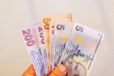 200, 50, 5 lira karışık Türk para birimi de dahil olmak üzere çeşitli Türk banknotlarını elinde tutuyor