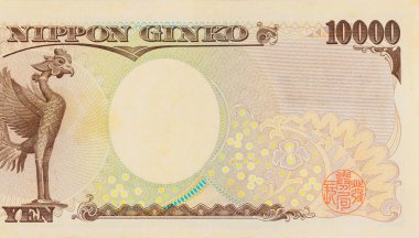 Japon para birimini temsil eden zarif tasvirler içeren 10.000 yenlik banknotun manzarası.