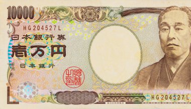 Geleneksel Japon sanat tarihi figürünün sergilendiği 10000 Yen 'lik banknotun ayrıntılı görünümü