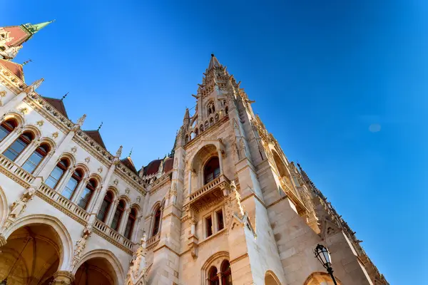 Macar Parlamentosu binasının muhteşem mimarisi parlak mavi gökyüzüne karşı gün ışığında parlıyor.