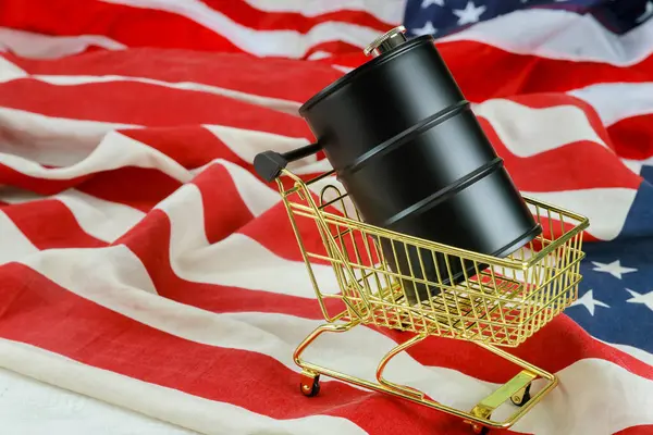 Siyah varilli alışveriş arabası, tüketici kültürünün vatanseverliğini sembolize eden bir Amerikan bayrağına dayanıyor..