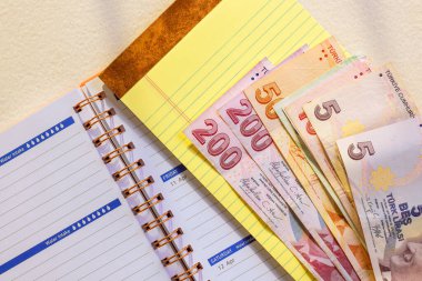 Türk lira banknotları planlamacının yanına yerleştiriliyor ve çalışma ortamında organizasyon finansmanı anı gözler önüne seriliyor.