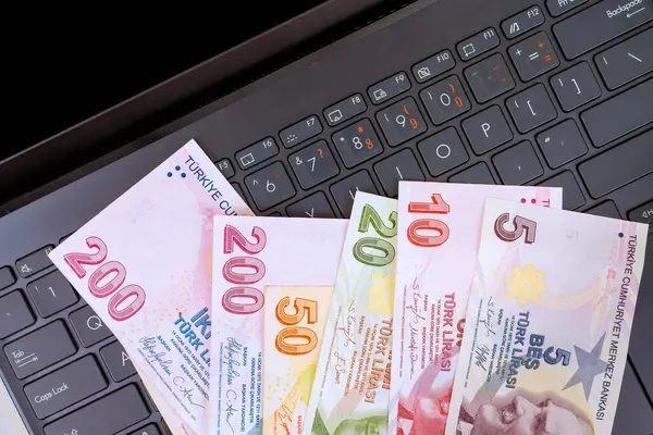 Dizüstü bilgisayardaki Türk lira banknotları çalışma alanındaki dijital işlemlerin finansmanını vurguluyor.