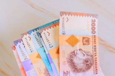 Düz mermer yüzeyde çeşitli Tanzanya şilinlik banknotlar sanatsal olarak düzenlenmiştir