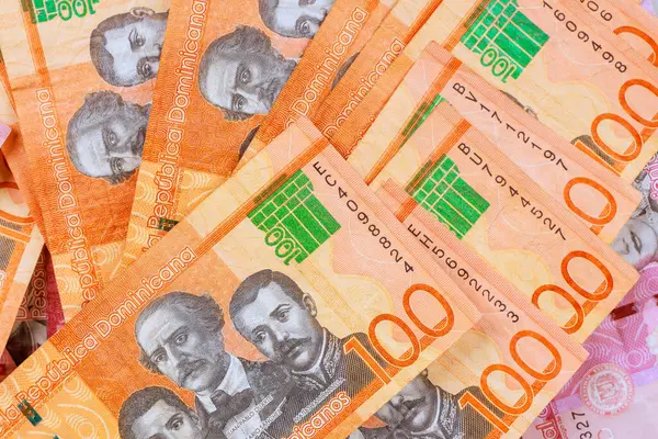 Dominik Cumhuriyeti 'nden gelen 100 peso banknotlar karmaşık tasarımlarını düzenli bir düzende sergiliyor.
