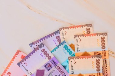Tanzanya şilini banknotları çeşitli banknotlar mermer yüzey üzerine yayılır