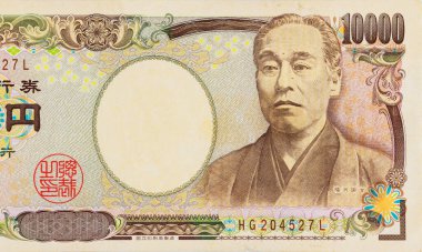 Tarihi bir portreyi vurgulayan 10000 Yen 'lik antika bir Japon banknotunun görüntüsü.