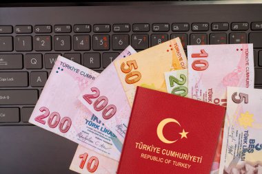 Lira banknotes currency passport of Turkey arranged neatly, showcasing blend of travel documentation local money.