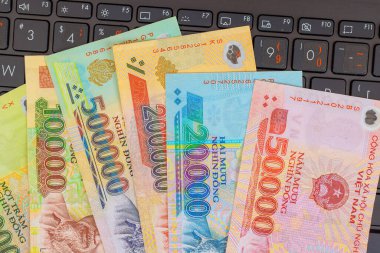 Vietnam dong nakit para birimi dijital çalışma alanındaki finansman teknolojisinin dizüstü bilgisayarında sergilenmektedir.