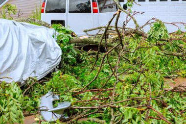 Düşen dallar hasarlı arabayı kaplarken, kenar mahallelerdeki garaj yolunu enkaz kaplıyor..