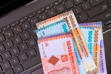 Tanzanya şilinlik banknotlar dizüstü bilgisayarın klavyesinde düzenlenir, para birimi teknolojisinin kesişim noktasını gösterir.