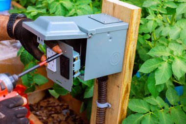 Elektrikçi bahçıvanlık araçları için erişilebilirliği artırmak için bahçeye bir USB port prizi kurmaya çalışıyor.