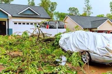 Sakin bir banliyöde fırtına hasarlı arabalar güçlü rüzgârların enkazından yıkılıyor..