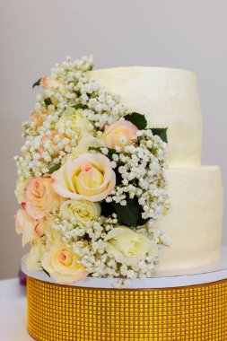 Güzel dekore edilmiş iki katlı pasta narin güller, bebek nefesi, şenlik için mükemmel..