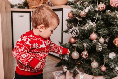 Kırmızı süveter giymiş küçük bir çocuk Noel Ağacı 'nı oyuncaklarla süslüyor. Yeni yılı ya da evde Noel 'i kutlamak. 