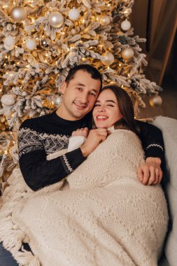 Dikey görüntü sevimli genç romantik çift battaniyenin altında yatıyor, çelenkler ev içinde rahat iç atmosfer yeni yıl ağacı süslemeleri kış akşamını kutlayan Noel partisi 