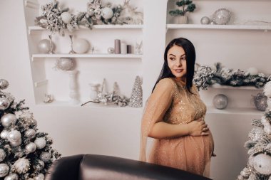 Karnında bebek olan bir kadın Noel Ağacı 'nı süslüyor, yeni yılı kutluyor. Bebek bekleyen hamile bir kadın. Yeni doğmuş bir çocuk bekliyorum.