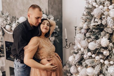 Erkek, karnında bebek olan, Noel Ağacı süsleyen, yeni yılı kutlayan bir kadına sarılır. Bebek bekleyen hamile bir kadın. Yeni doğmuş bir çocuk bekliyorum.