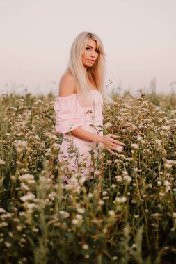 Vertical photo blonde woman posing in the big endless field of daisies in summer evening. Lady wear pink dress, looking at the camera, touching the plant green blossoming flower. Moody atmosphere