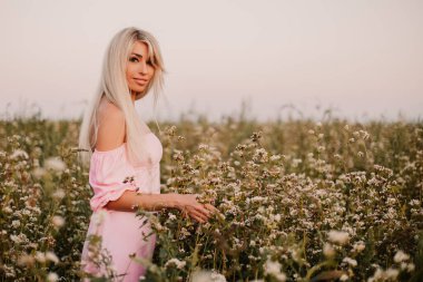 Blonde woman posing in the big endless field of daisies in summer evening. Lady wear pink dressed, looking at the camera smiling, touching the plant green blossoming flower. Moody atmosphere