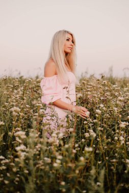 Vertical photo blonde woman posing in the big endless field of daisies in summer evening. Lady wear pink dressed, looking aside, touching the plant green blossoming flower. Moody atmosphere