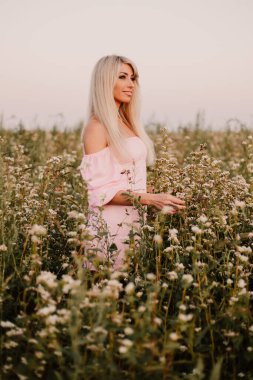 Vertical photo blonde woman posing in the big endless field of daisies in summer evening. Lady wear pink dressed, looking aside smiling, touching the plant green blossoming flower. Moody atmosphere